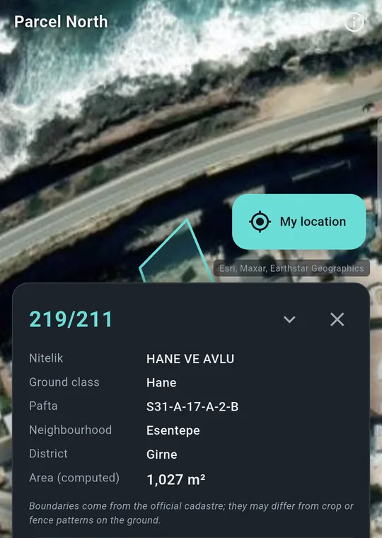 Parcel North app: a parcel card over satellite imagery