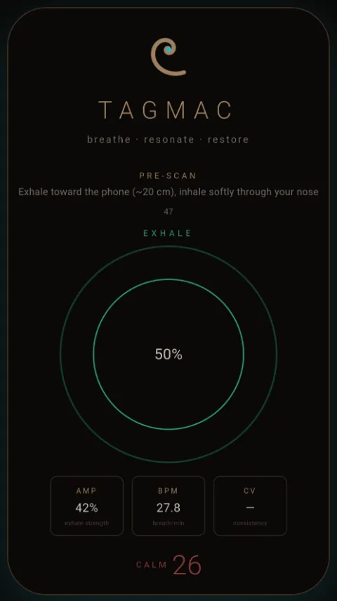 Tagmac Wellness app screen with a breathing ring